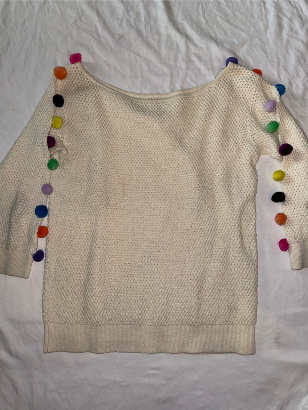 Anthropologie Cream Sweater with Multicolor Pom Poms
